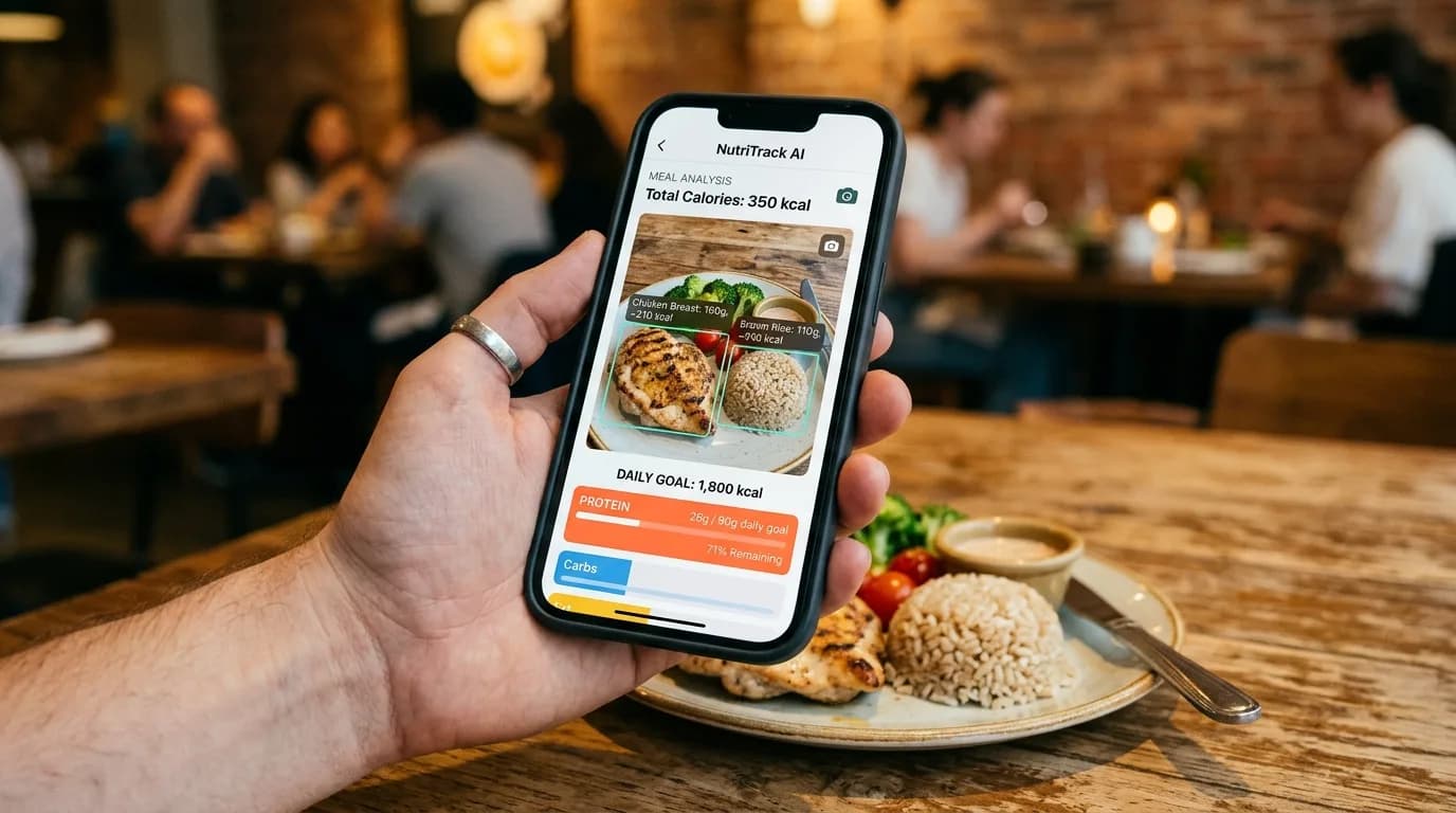 Snapping a photo of a restaurant meal so an AI calorie tracker can estimate calories and protein instantly — here a chicken-and-rice plate is logged against a daily protein goal.