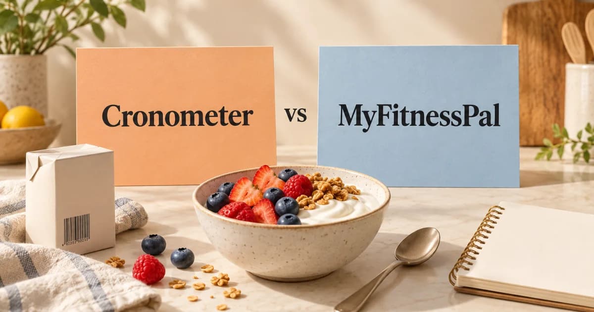 Illustrated apricot Cronometer and blue MyFitnessPal comparison cards beside a yogurt bowl, food carton and recipe notebook.