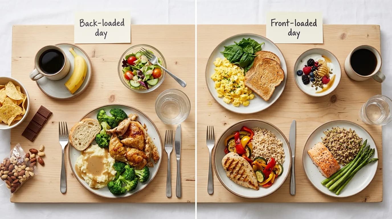 Comparison of a back-loaded eating day (tiny breakfast, small lunch, massive dinner) versus a front-loaded day with balanced meals across breakfast, lunch, and dinner