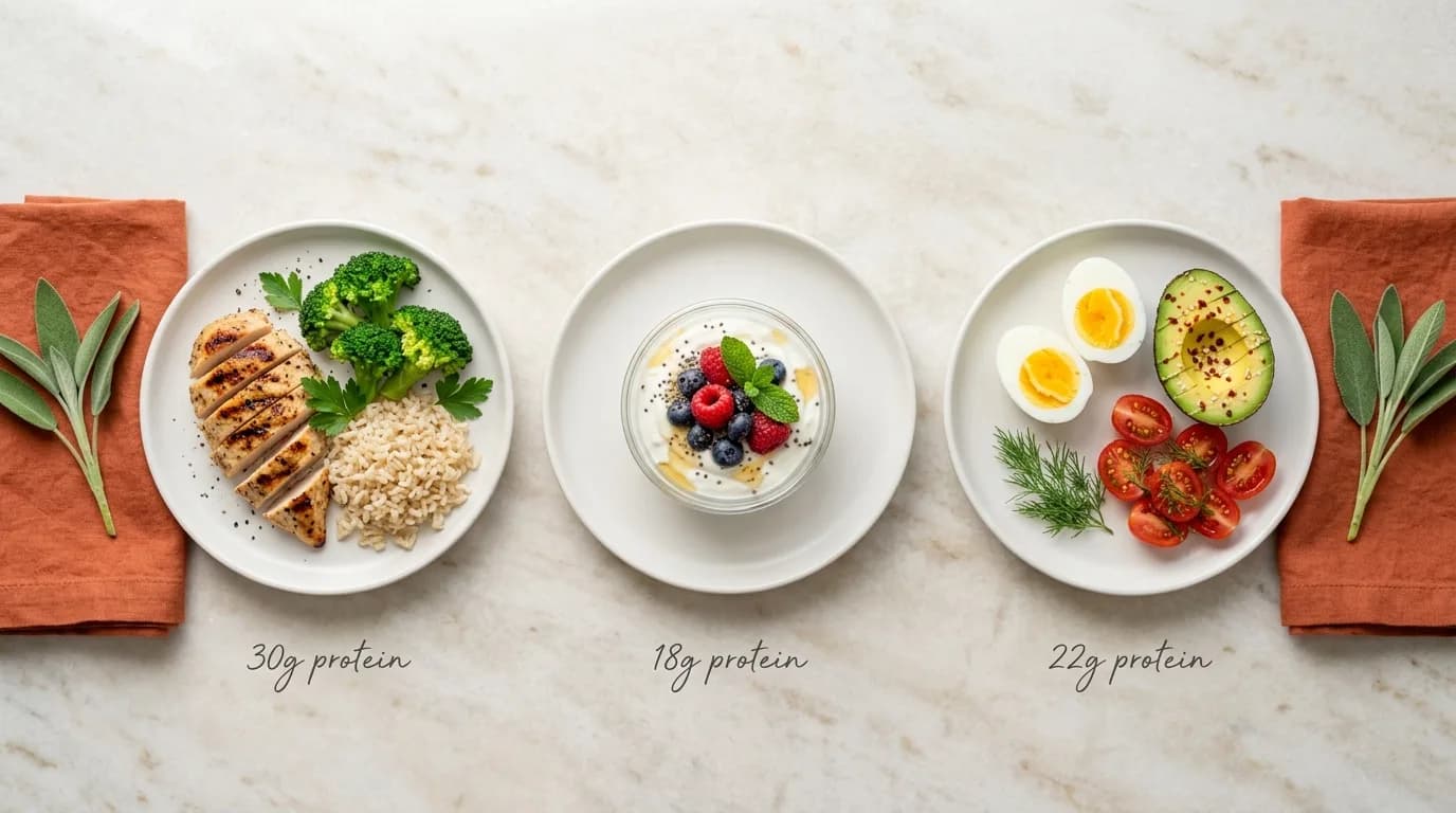 Protein-per-plate comparison for GLP-1 users: grilled chicken with broccoli and brown rice (30g protein), a Greek yogurt and berry parfait (18g protein), and hard-boiled eggs with avocado and cherry tomatoes (22g protein).