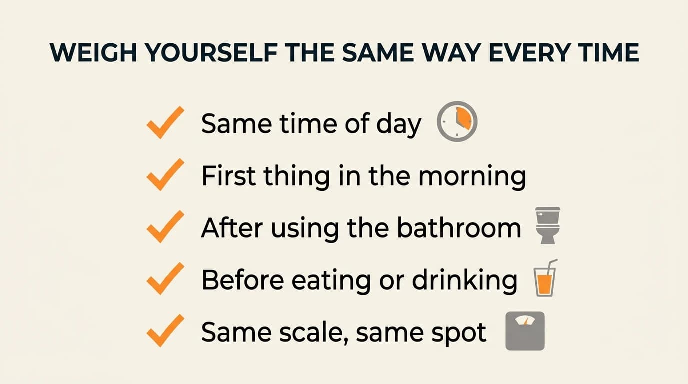Checklist for accurate weigh-ins: same time of day, first thing in the morning, after using the bathroom, before eating or drinking, same scale and spot.
