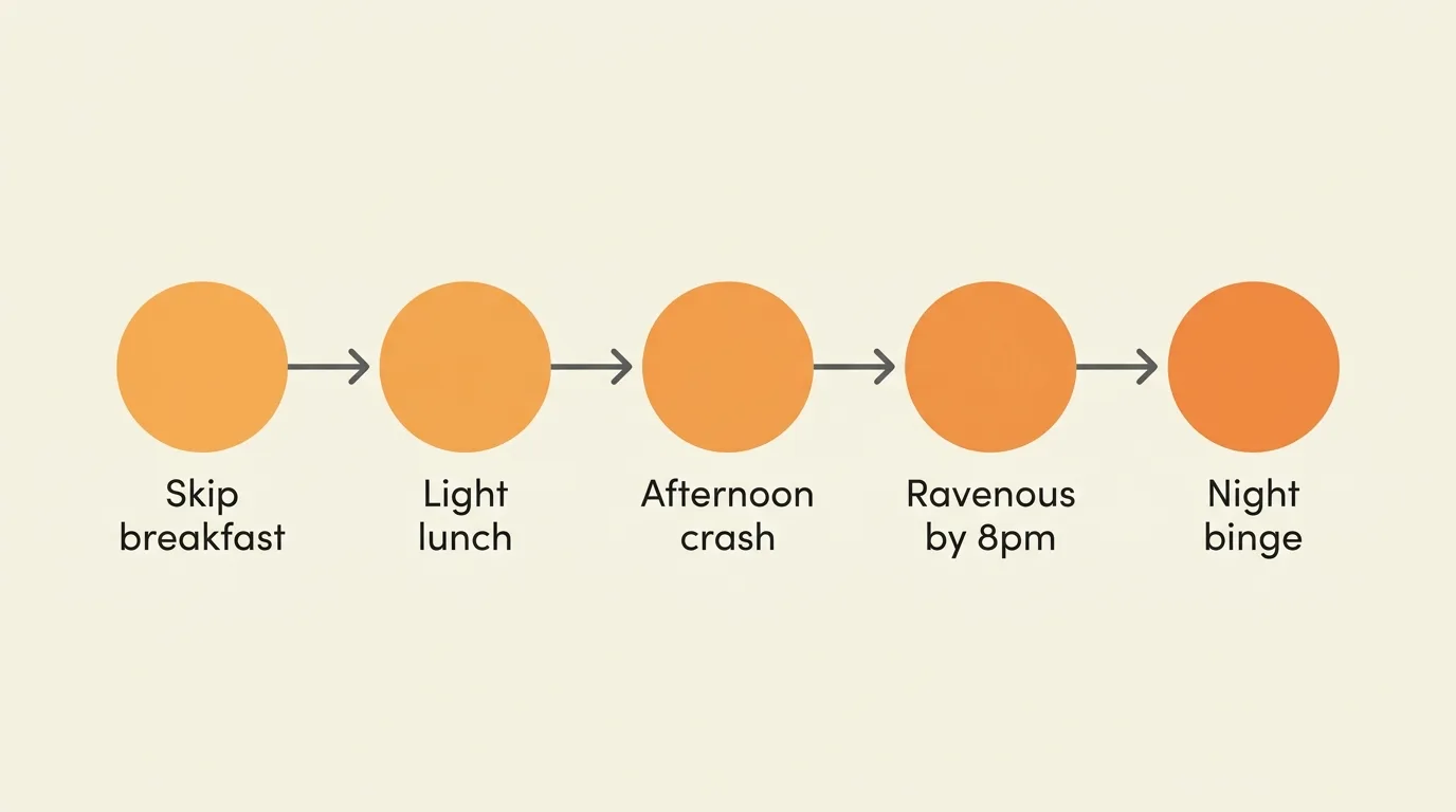Flow diagram showing how skipping breakfast and eating a light lunch leads to an afternoon energy crash, evening ravenousness, and night binging