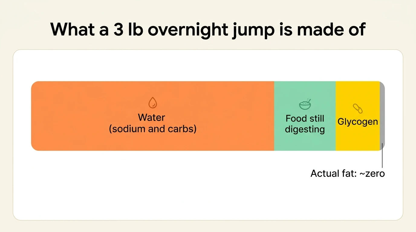 Breakdown bar showing a 3-pound overnight weight jump is made of water, undigested food, and glycogen — with essentially zero actual fat.