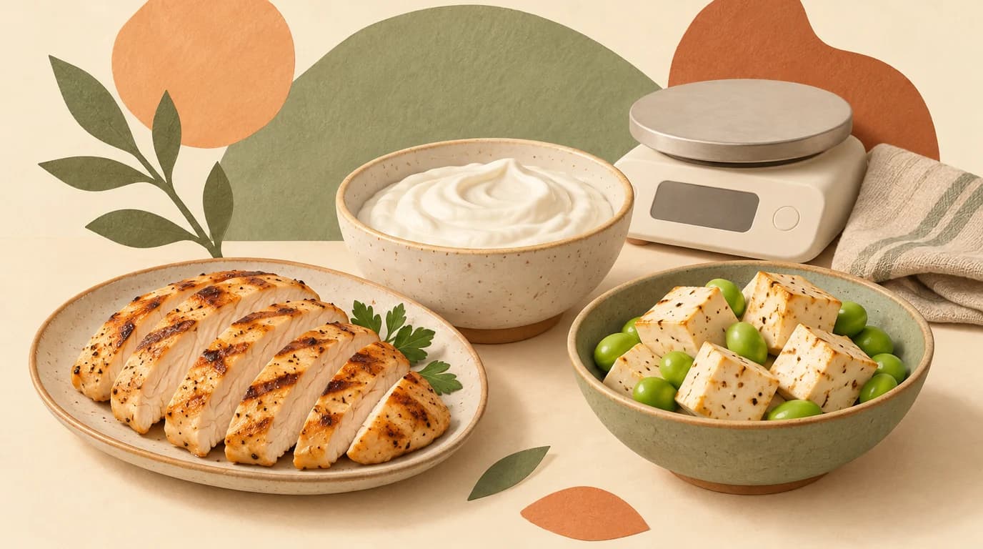 AI-generated editorial illustration of chicken, Greek yogurt and tofu beside a kitchen scale; not measured portions.