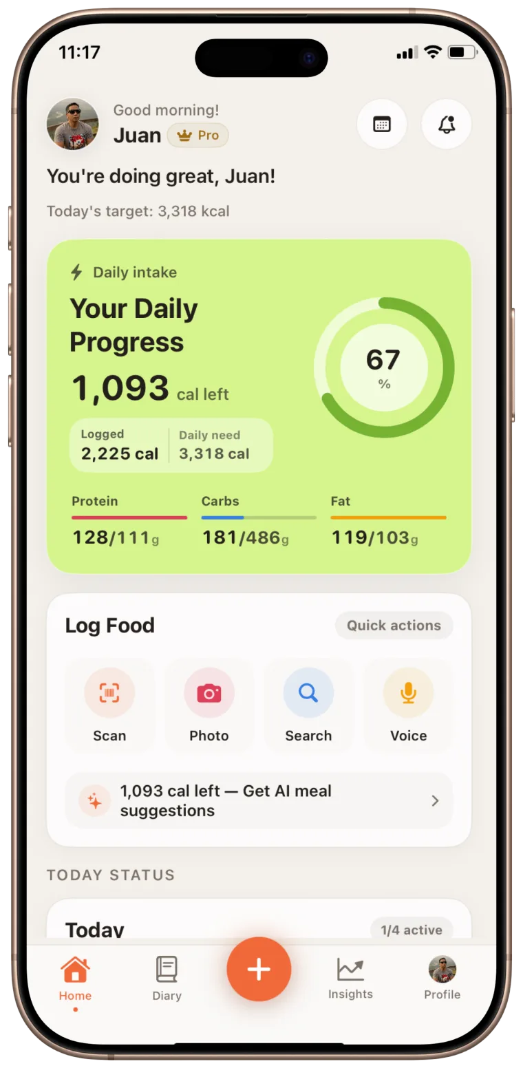 CalorieCue calorie tracking app on iPhone showing the daily dashboard: calories remaining with a progress ring, protein, carbs and fat macros, and one-tap photo, scan, search and voice food logging