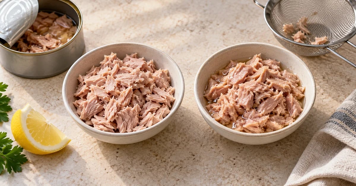 Two ceramic bowls of flaked canned tuna, one matte and one glossy, beside an open unbranded tin, a strainer, and lemon.