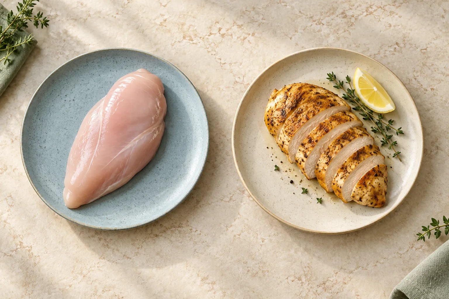 Raw skinless chicken breast on a blue plate beside sliced roasted chicken breast with lemon and thyme on a separate cream plate.