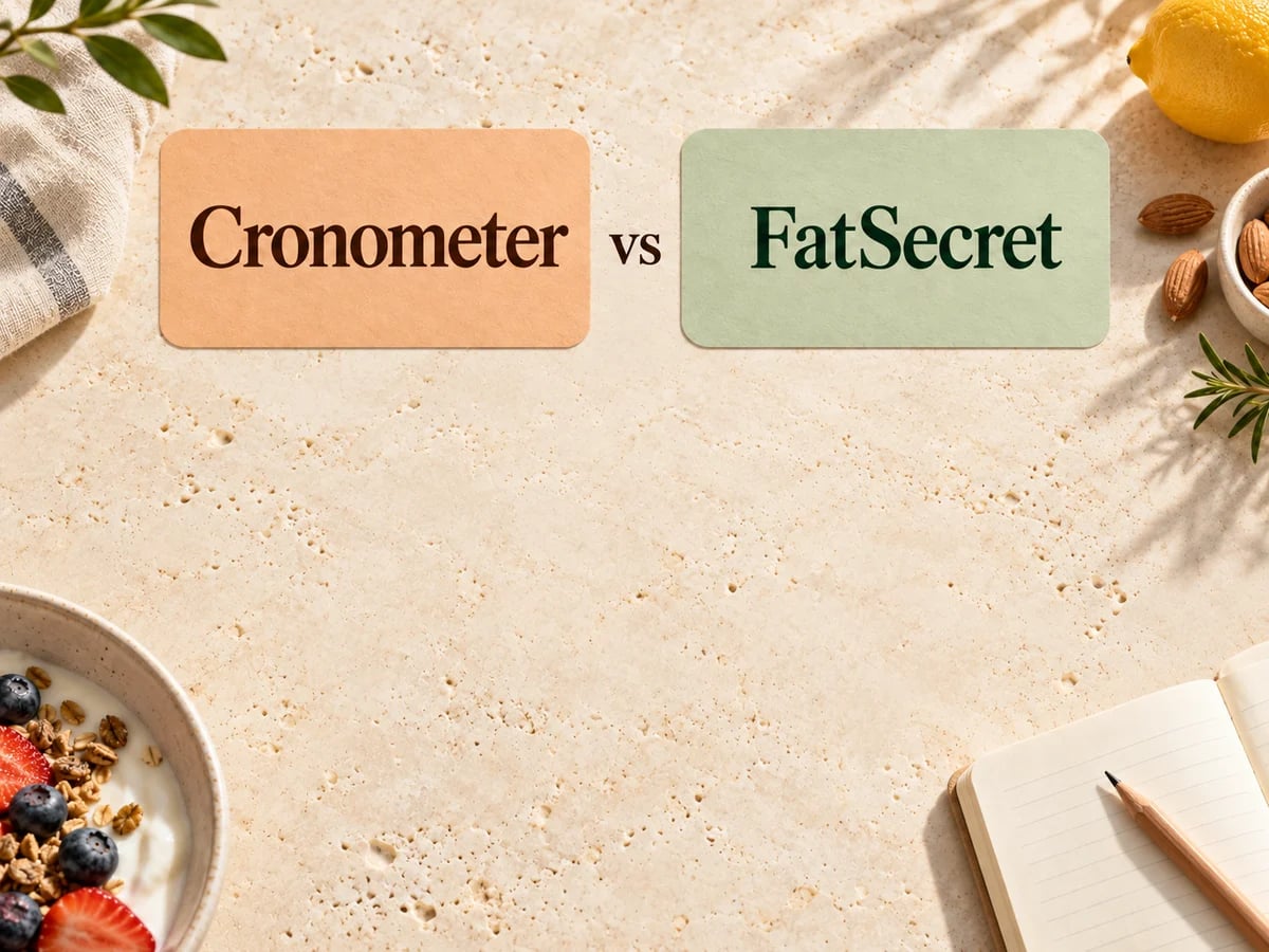 Apricot Cronometer and sage FatSecret comparison cards beside a bowl of yogurt and a notebook.