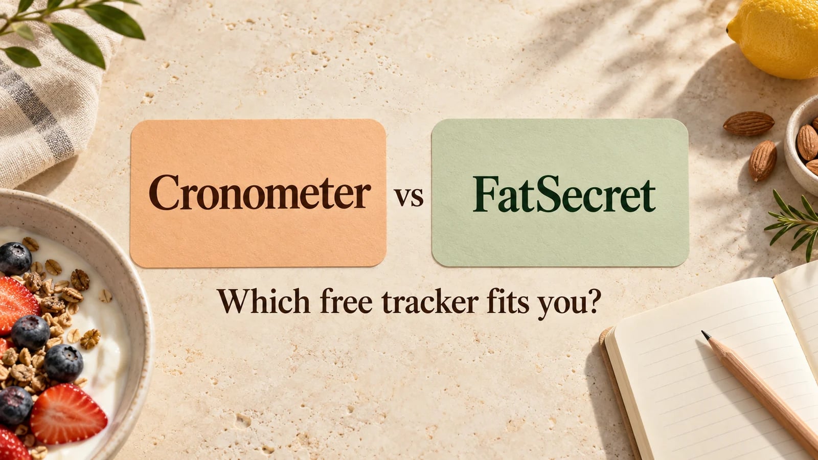 Apricot Cronometer and sage FatSecret comparison cards beside a bowl of yogurt and a notebook.