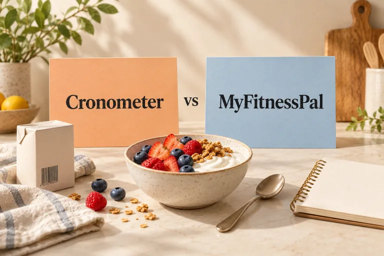 Illustrated apricot Cronometer and blue MyFitnessPal comparison cards beside a yogurt bowl, food carton and recipe notebook.