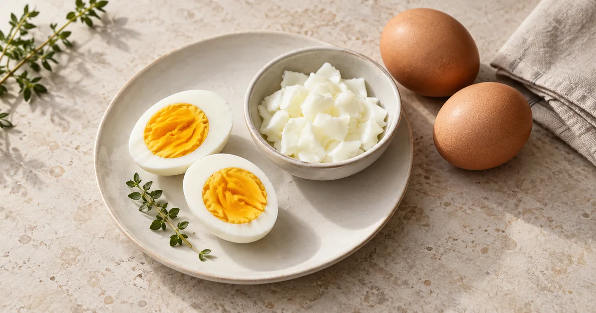 Hard-boiled egg halves with golden yolks beside a small bowl of cooked egg whites and two brown shell eggs on a pale stone counter.
