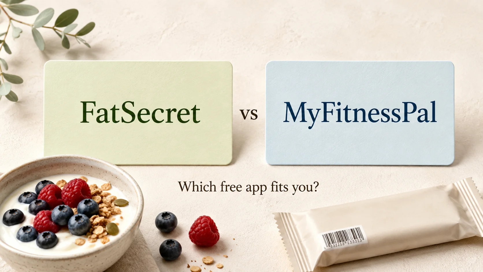 Green FatSecret and blue MyFitnessPal comparison cards beside yogurt, berries, and a packaged snack, asking which free app fits you.