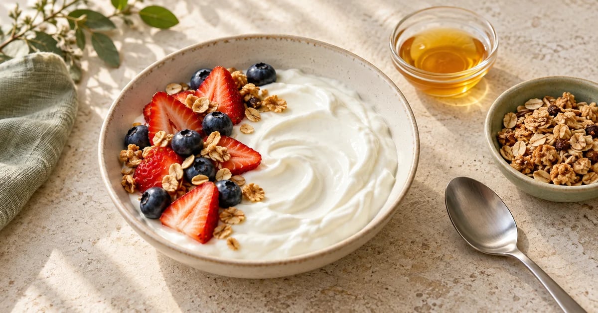 A bowl of thick Greek yogurt with strawberries, blueberries and granola beside separate dishes of honey and granola on a pale stone counter.