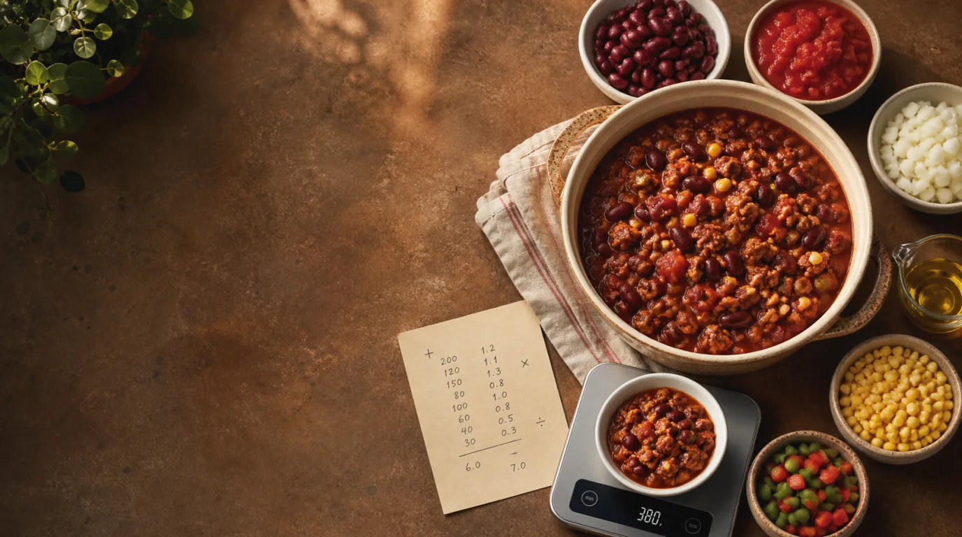 Overhead view of homemade chili, measured ingredients, a digital kitchen scale, and a recipe calorie calculation card.