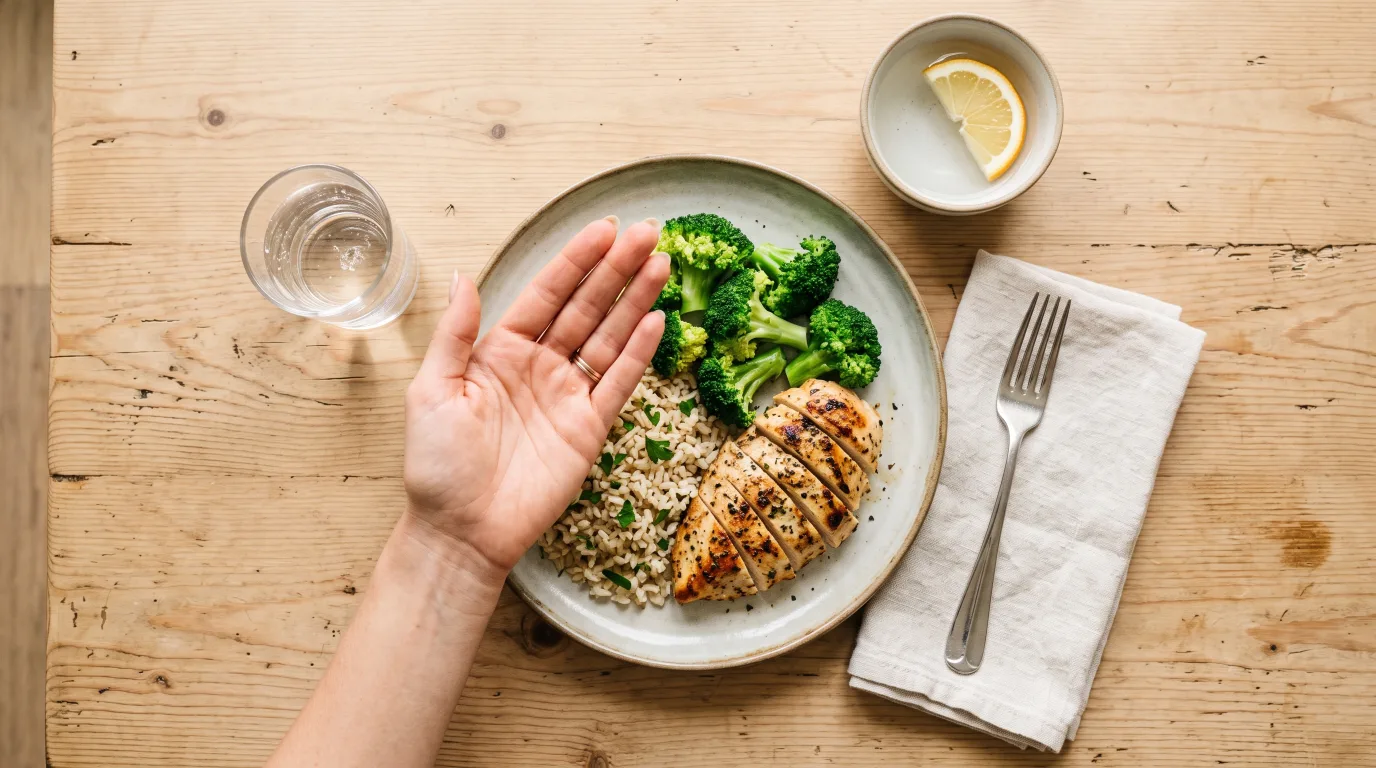 Overhead view of a hand held palm-out above a plate of sliced grilled chicken, brown rice, and broccoli on a wooden table — sizing up the portions by eye, with no food scale in sight.