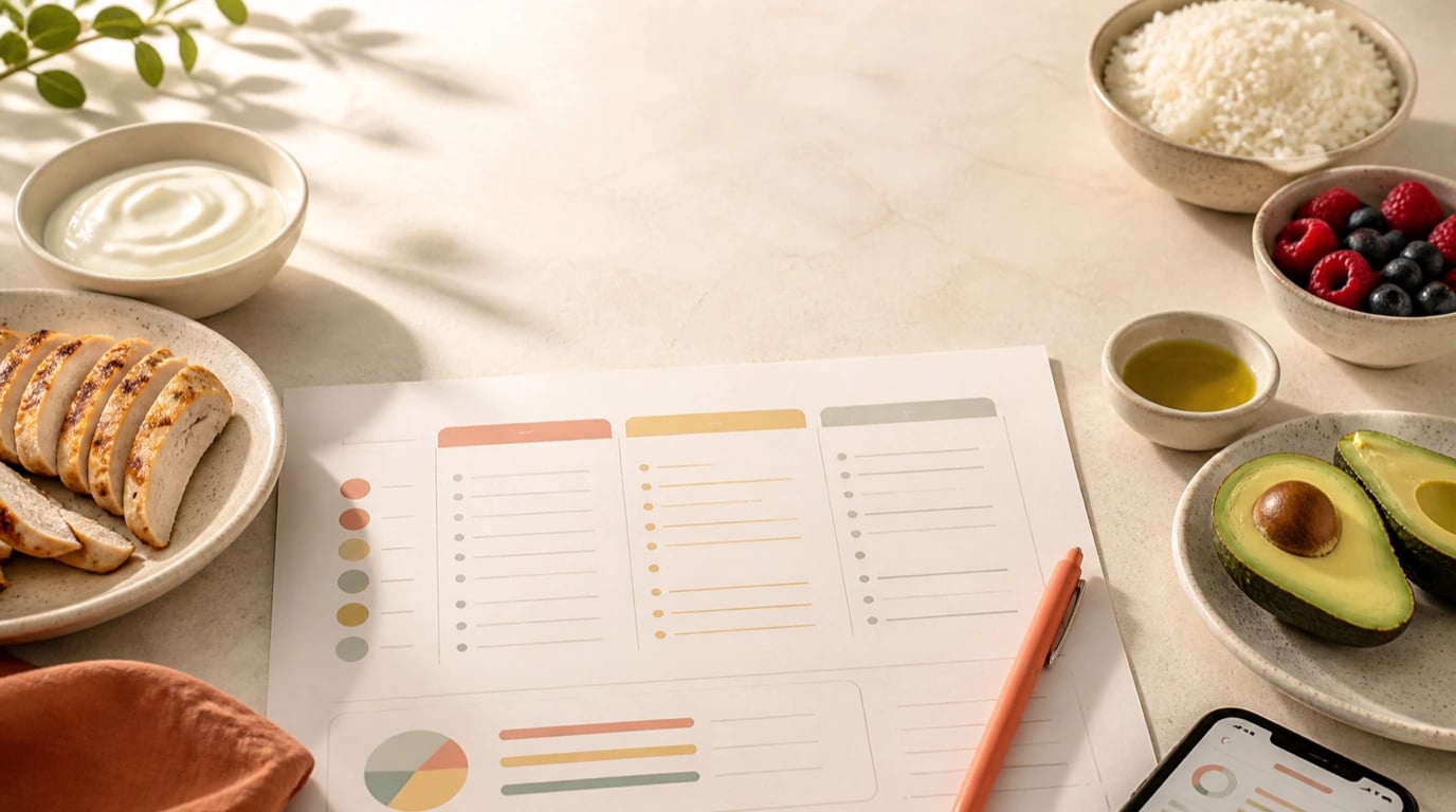 Printed macro tracking sheets with color-coded protein, carbohydrate and fat food lists beside chicken, rice, avocado and yogurt