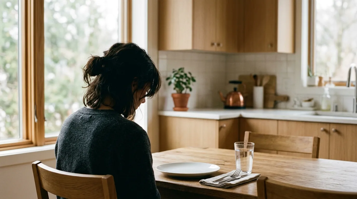 Person at a kitchen table looking at an empty plate, representing the experience of still feeling hungry after eating