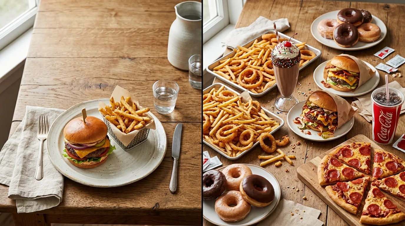 A single controlled treat meal on one side versus a sprawling all-day food binge on the other, illustrating the difference between a cheat meal and a cheat day