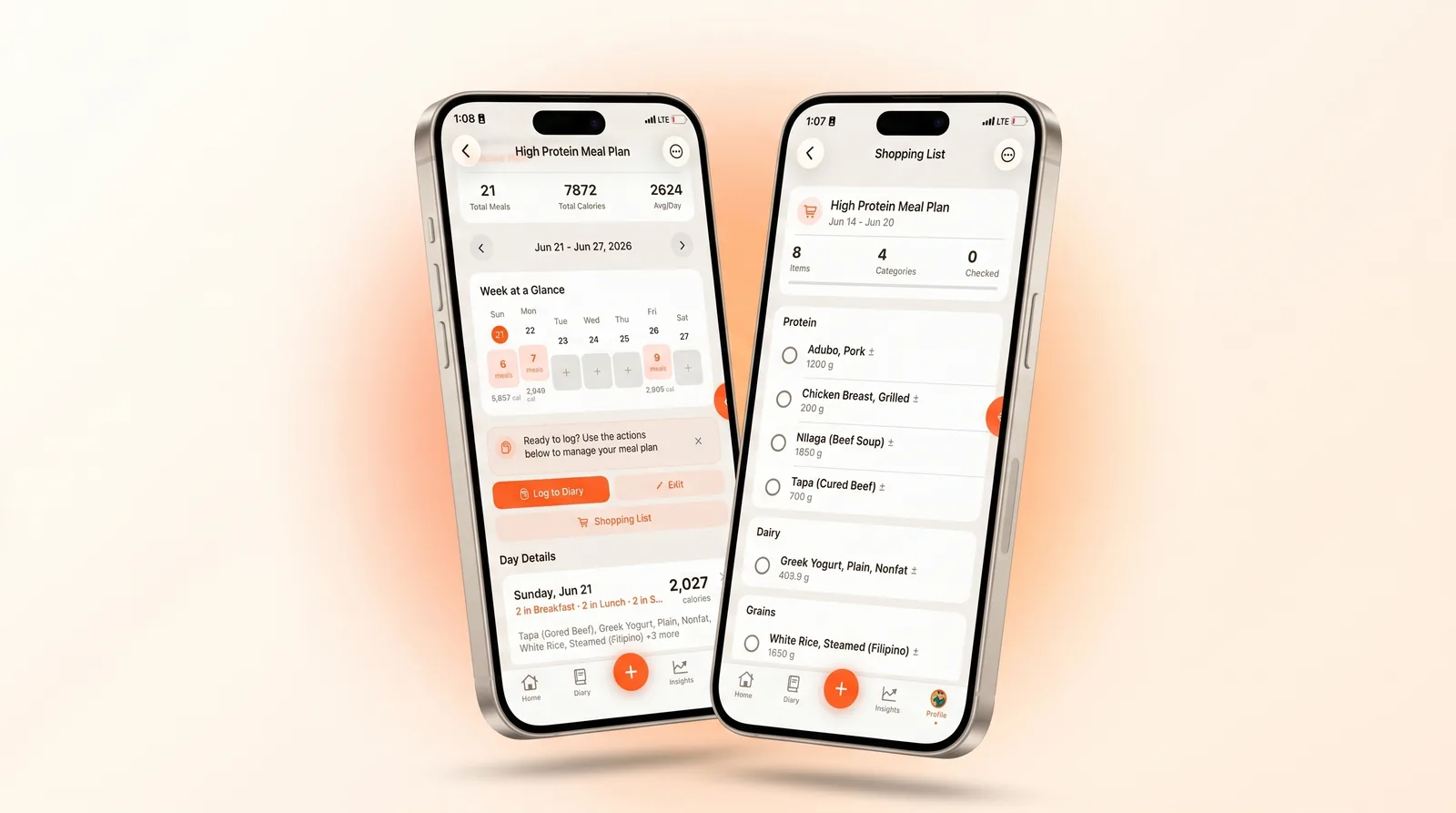 Two iPhone screens side by side: the High Protein Meal Plan with its weekly overview and a "Shopping List" button, and the auto-generated Shopping List that groups every ingredient into Protein, Dairy, and Grains categories with quantities.
