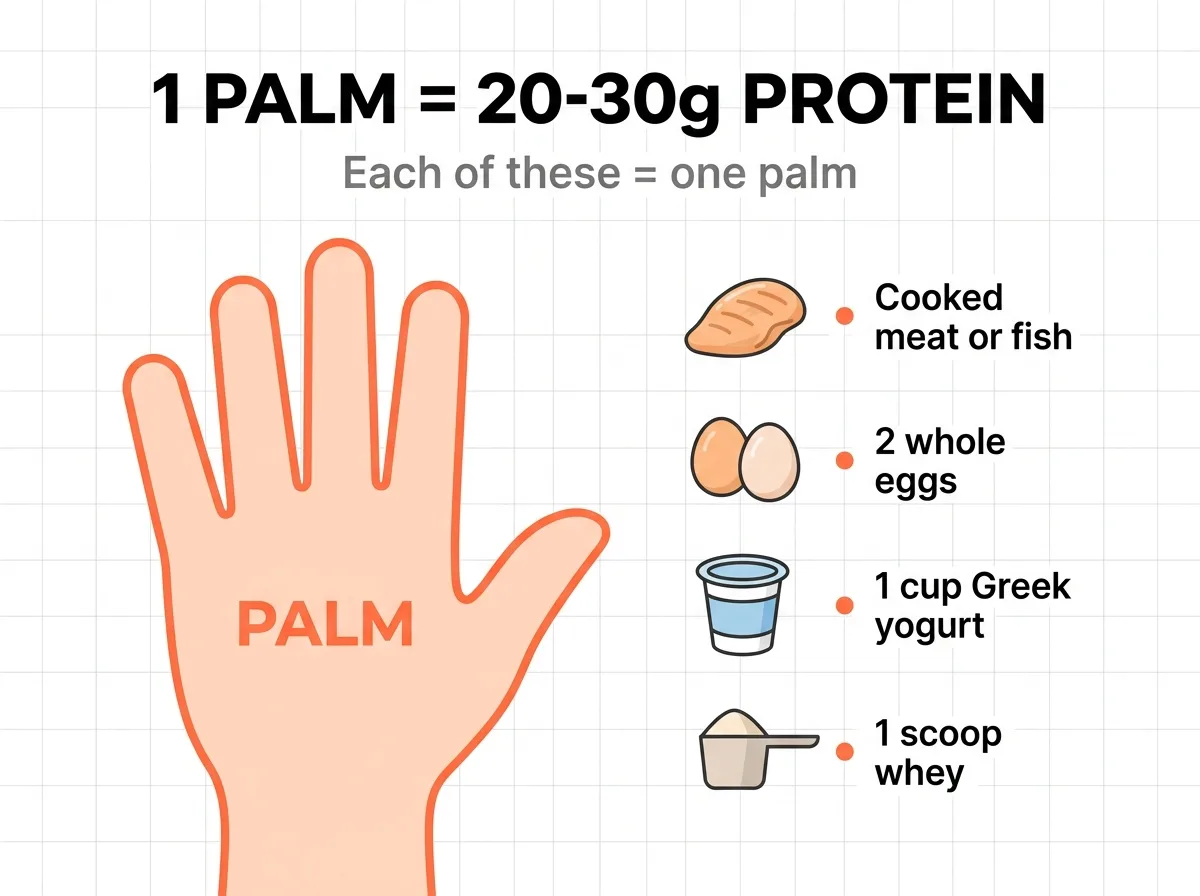 Hand-portion guide: one palm of protein equals about 20-30g, shown as a palm of cooked meat or fish, two whole eggs, one cup of Greek yogurt, or one scoop of whey.