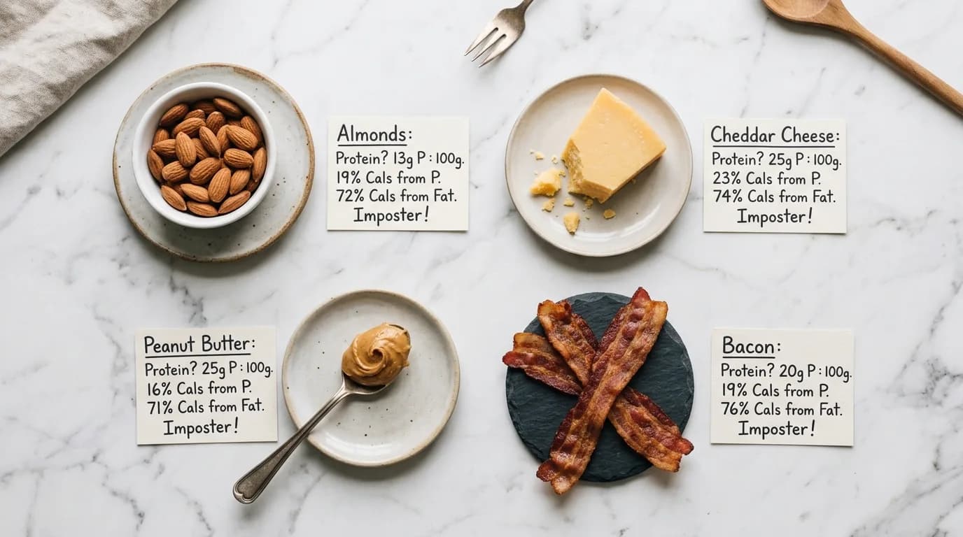 Almonds, cheddar cheese, peanut butter, and bacon labeled as protein imposters because most of their calories come from fat rather than protein.