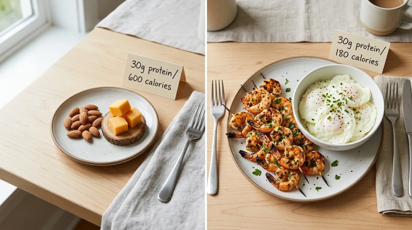 Two plates comparing the same 30 grams of protein at very different calorie costs: almonds and cheese at 600 calories versus shrimp and egg whites at 180 calories.