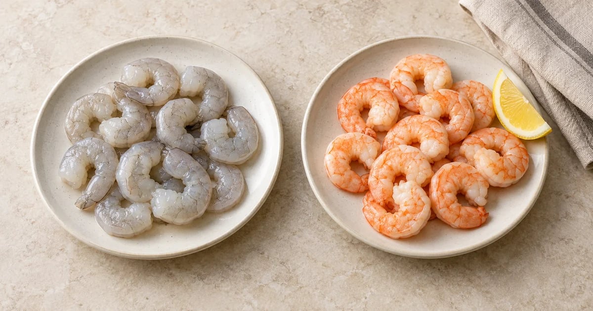 Separate plates of peeled raw gray shrimp and cooked pink shrimp on a light kitchen surface, with a lemon wedge beside the cooked shrimp.
