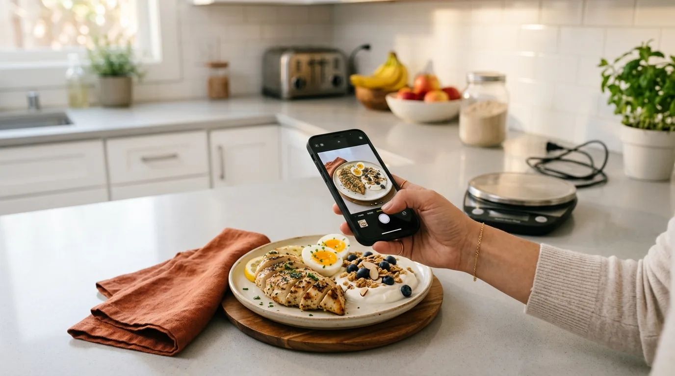 A hand holding a smartphone to photograph a plate of grilled chicken, egg, and Greek yogurt, with an unused food scale pushed aside in the background