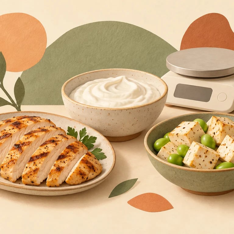 AI-generated editorial illustration of chicken, Greek yogurt and tofu beside a kitchen scale; not measured portions.